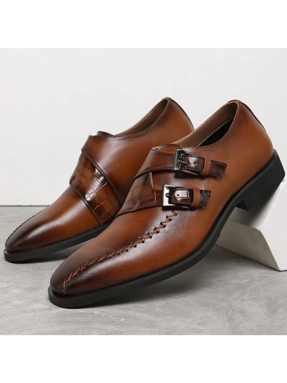 Men Cognac Leather Double Monk Strap Formal Business Brogue Punched Oxford Shoes